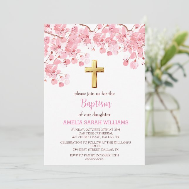 Invitación Baptismo Chica de la Cruz Floral Rosa (Anverso de pie)