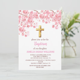 Invitación Baptismo Chica de la Cruz Floral Rosa