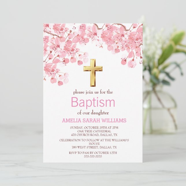 Invitación Baptismo Chica de la Cruz Floral Rosa (Anverso de pie)