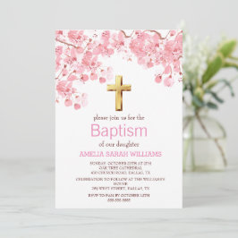 Invitación Baptismo Chica de la Cruz Floral Rosa