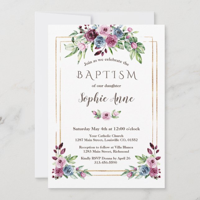 Invitación Baptismo Chica de las flores azules de Borgoña Rea (Anverso)