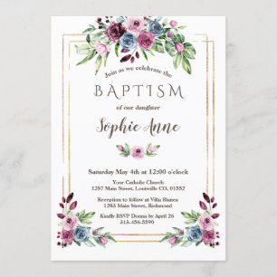 Invitación Baptismo Chica de las flores azules de Borgoña Rea