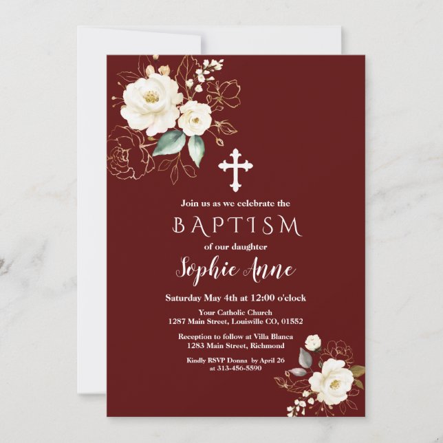 Invitación Baptismo Chica de las flores blancas de oro reales