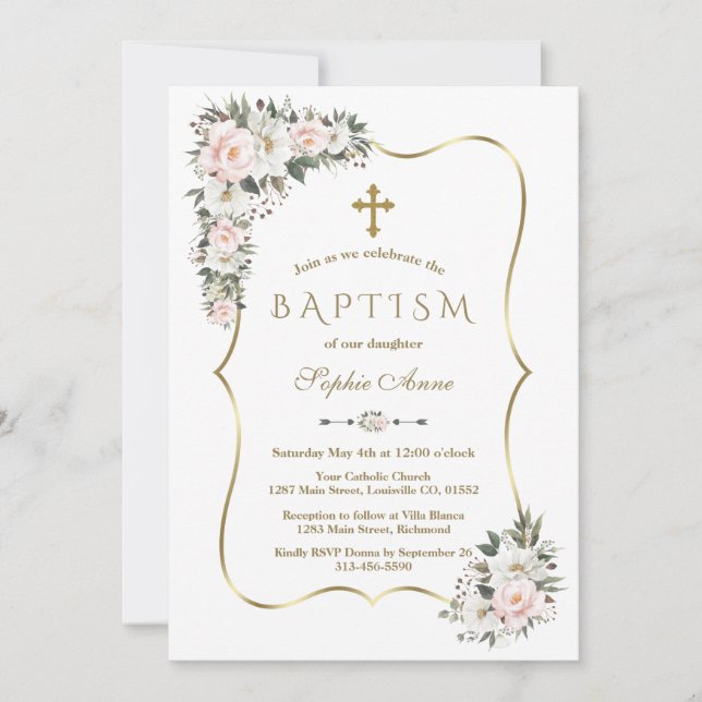 Invitación Baptismo Chica de oro de flores blancas rosas únic (Anverso)