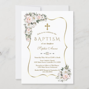Invitación Baptismo Chica de oro de flores blancas rosas únic