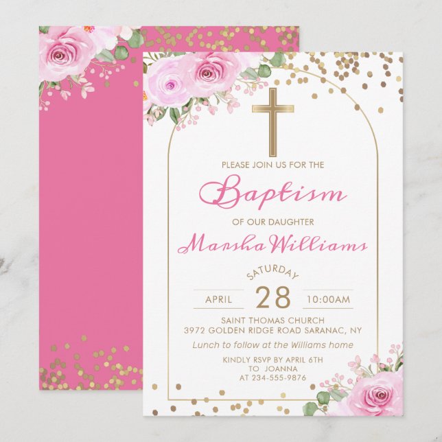 Invitación Baptismo Chica de Purpurina floral rosada Arch (Anverso / Reverso)