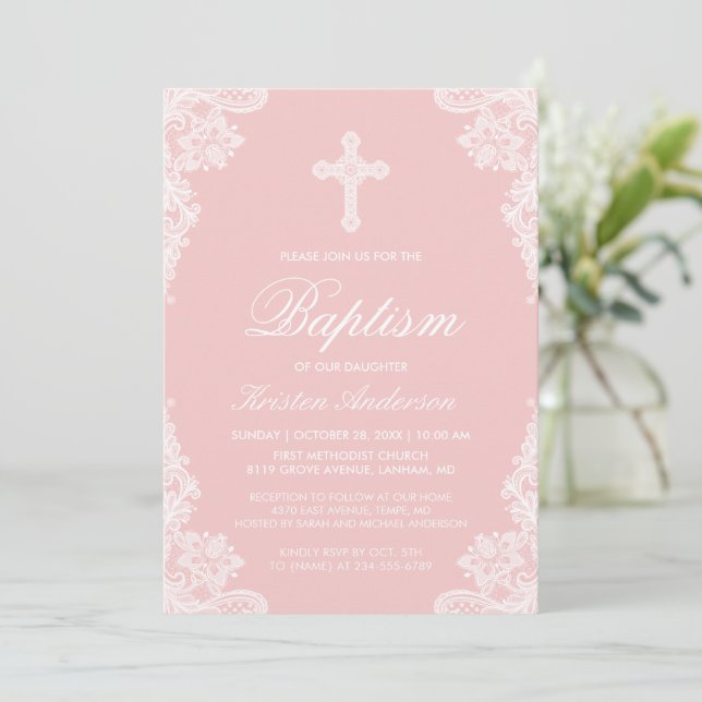 Invitación Baptismo chica Elegante foto de encaje blanco rosa (Anverso de pie)