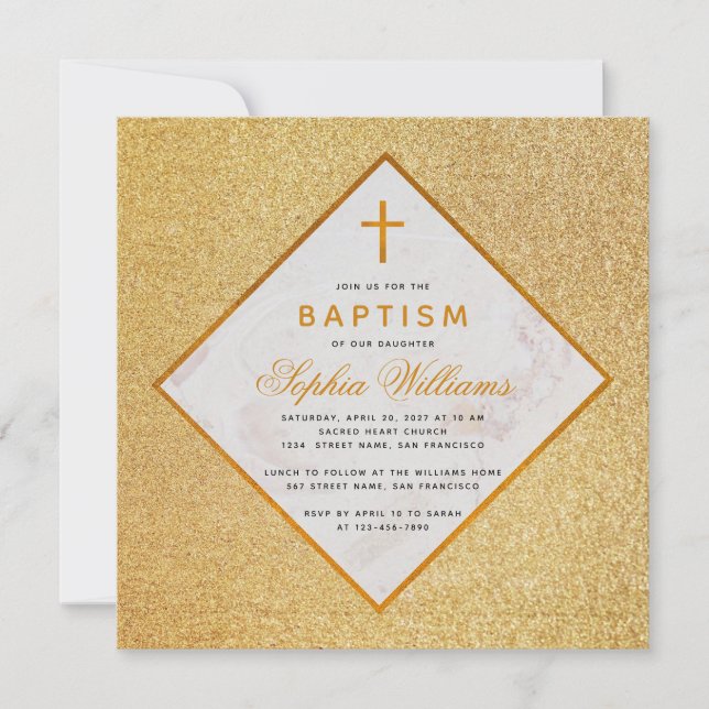 Invitación Baptismo chica Faux Gold Purpurina Cross White Mar (Anverso)