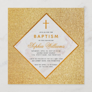 Invitación Baptismo chica Faux Gold Purpurina Cross White Mar