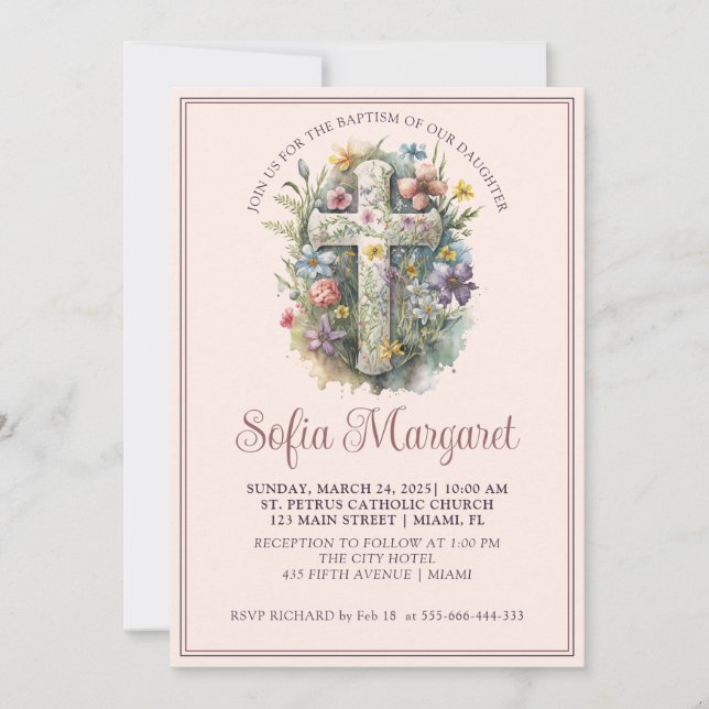 Invitación Baptismo Chica floral de la cruz religiosa (Anverso)