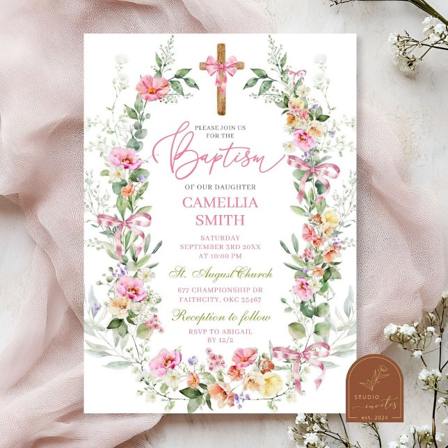Invitación Baptismo Chica floral de primavera brillante y col (Subido por el creador)