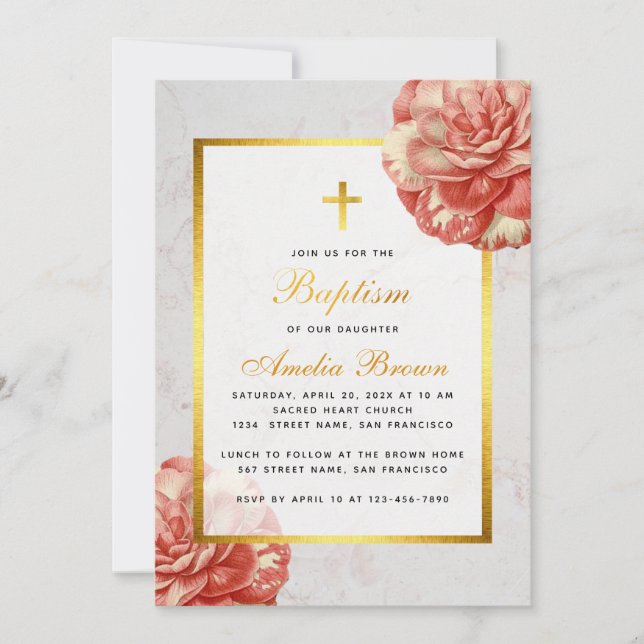 Invitación Baptismo chica Floral Rosa Camellia Faux Gold Marb (Anverso)