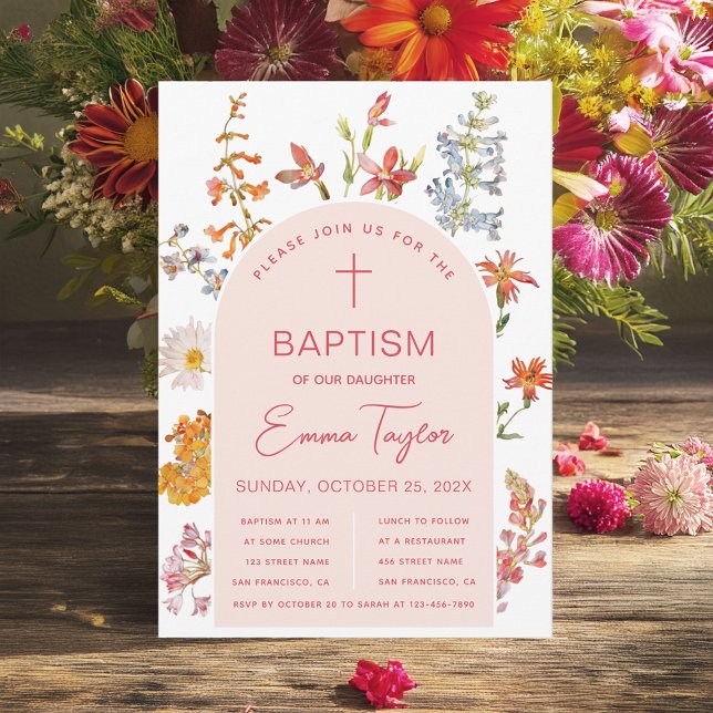 Invitación Baptismo chica Flores salvajes Arco rosa Christeni (Subido por el creador)