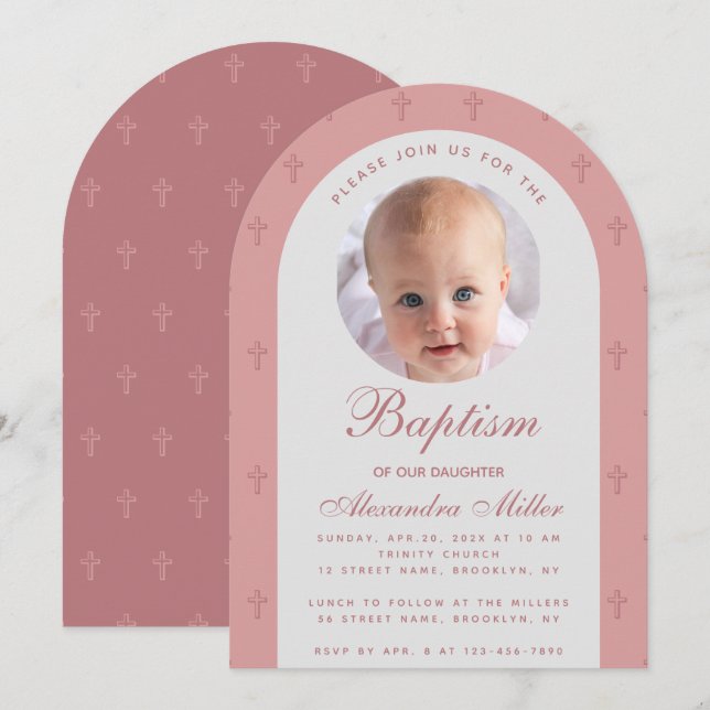 Invitación Baptismo chica Foto Rosa Rosa Dusty Arch Moderno (Anverso / Reverso)