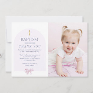 Invitación Baptismo chica Gracias con foto, tema de Bow rosad