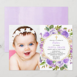 Invitación Baptismo chica lavanda púrpura floral lilac foto