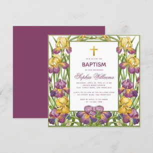 Invitación Baptismo chica Morado Yris Amarillo Cruz de Oro Fl