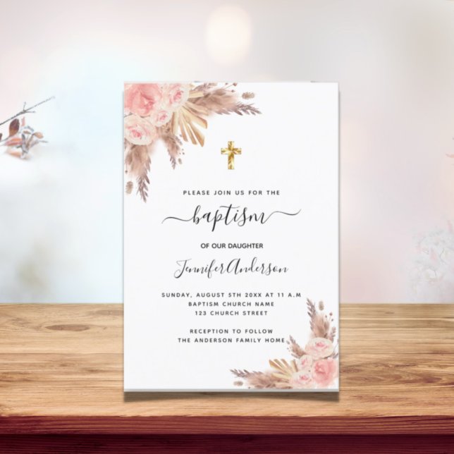 Invitación Baptismo chica pampas hierba rosa oro rubor rosa (Subido por el creador)