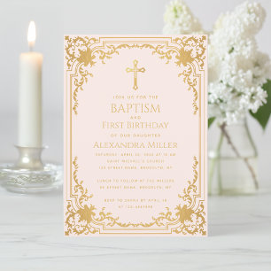Invitación Baptismo chica Primer cumpleaños Vintage Faux Gold