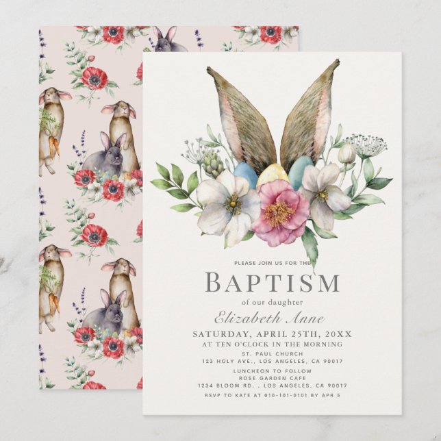 Invitación Baptismo Chica rosa con flores de oído de conejito (Anverso / Reverso)