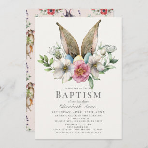 Invitación Baptismo Chica rosa con flores de oído de conejito