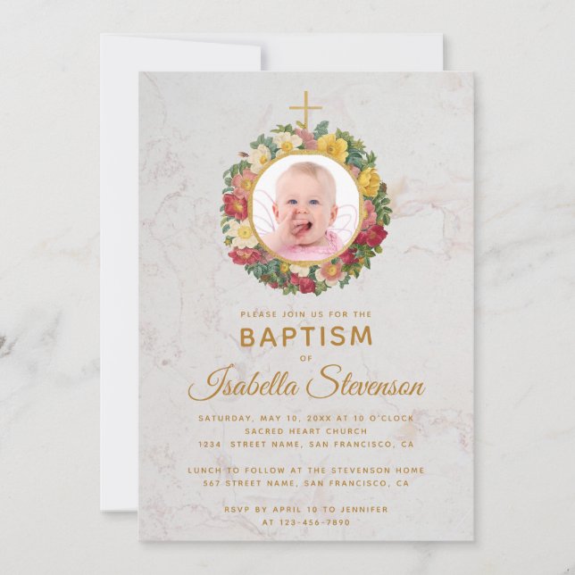 Invitación Baptismo chica Rosa de foto Wreath Cross Marble Fl (Anverso)