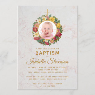 Invitación Baptismo chica Rosa de foto Wreath Cross Marble Fl