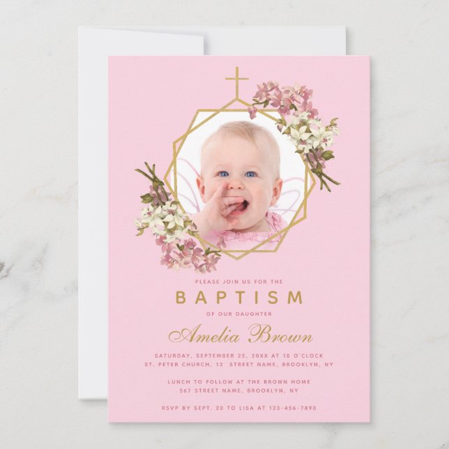 Invitación Baptismo Chica Rosa Foto Orquídea Geométrica Flora (Anverso)