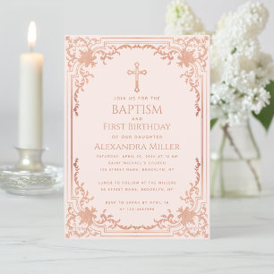 Invitación Baptismo Chica rosa Primer cumpleaños Rosa de oro