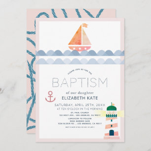 Invitación Baptismo Chica rosado Náutico y faro I