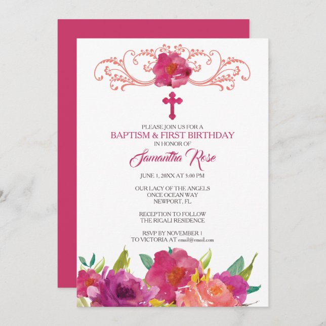 Invitación BAPTISMO Chica y primer cumpleaños (Anverso / Reverso)