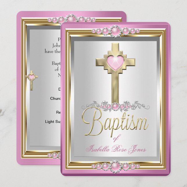 Invitación Baptismo Chicas cristianos cruzan la Perla Rosa (Anverso / Reverso)
