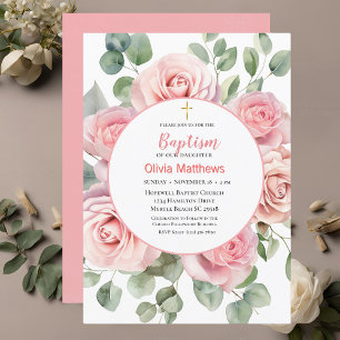 Invitación Baptismo Chicas de la Cruz de Oro de rosas rosadas