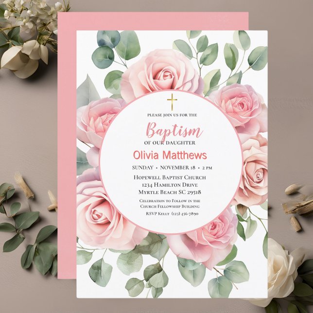 Invitación Baptismo Chicas de la Cruz de Oro de rosas rosadas (Subido por el creador)