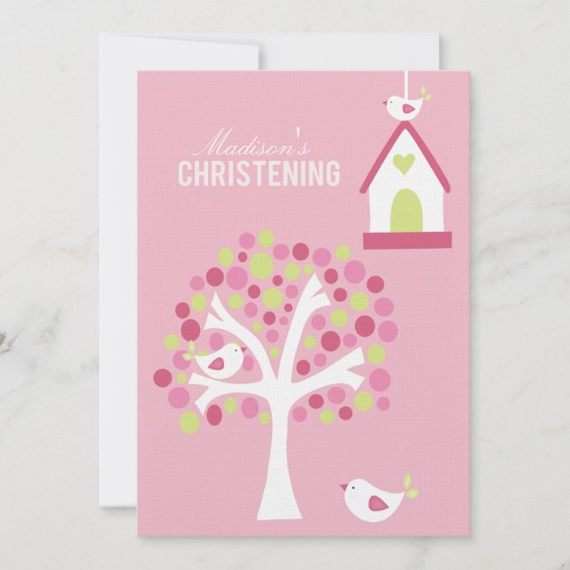 Invitación Baptismo Christening Bird Tree Personalizado Invit (Anverso)