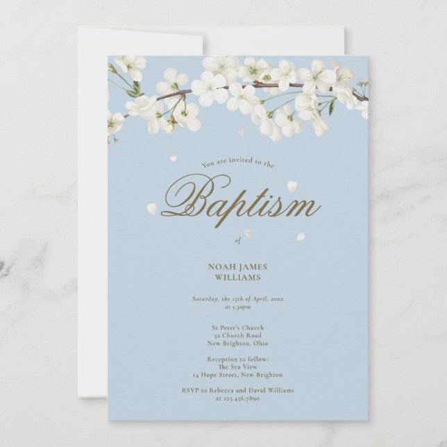 Invitación Baptismo Christening Blossom Floral Elegante Azul (Anverso)