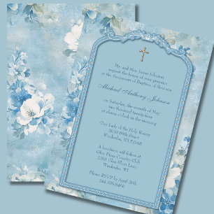 Invitación Baptismo Christening Blue White Floral
