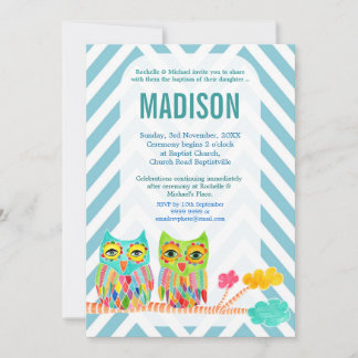 Invitación Baptismo Christening Chevron Lechuzas Arcoiris Inv