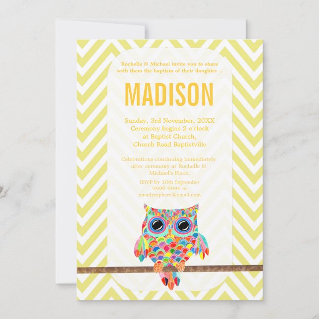 Invitación Baptismo Christening Chevron Rainbow Owl Invito (Anverso)