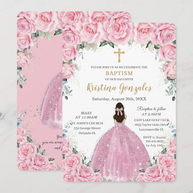 Invitación Baptismo Christening Chica Cruz de Oro Floral Rosa (Anverso / Reverso)