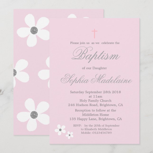 Invitación Baptismo Christening Chica rosado de plata (Anverso / Reverso)