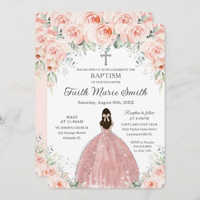 Invitación Baptismo Christening Chica Rubor Rosas florales Si (Anverso / Reverso)