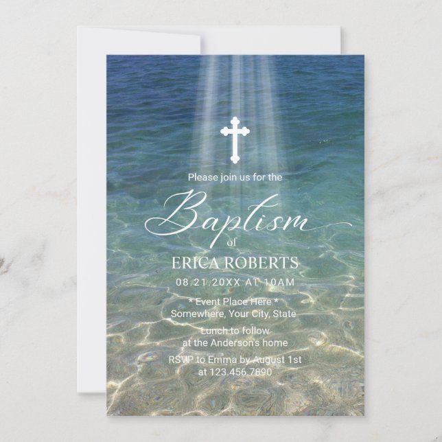 Invitación Baptismo Christening Cross en Holy Light Beach (Anverso)