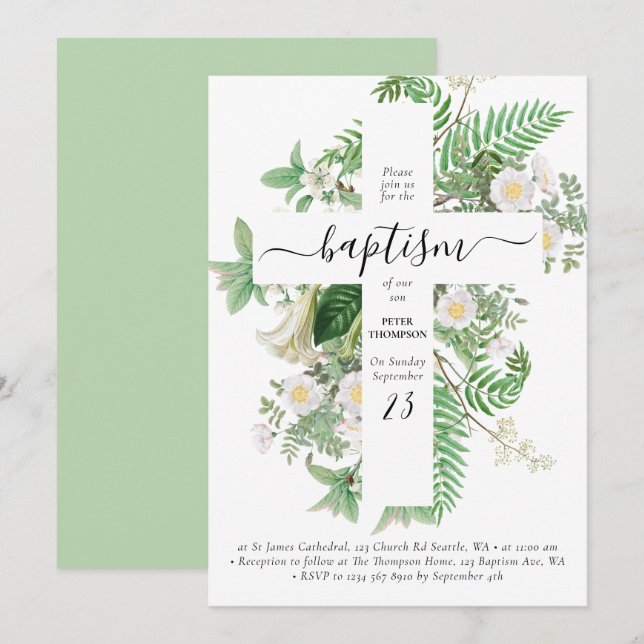 Invitación Baptismo Christening Cross Greenerenery Género Neu (Anverso / Reverso)