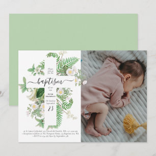 Invitación Baptismo Christening Cross Greenery Personalizado