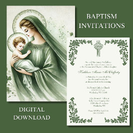 Invitación Baptismo Christening Cruz Celta Verde Irlandesa