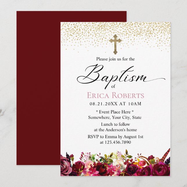 Invitación Baptismo Christening Elegante Borgoña Rojo Floral (Anverso / Reverso)