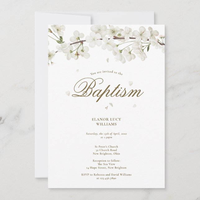 Invitación Baptismo Christening Elegante Floral Blossom Blanc (Anverso)