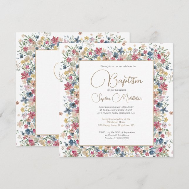 Invitación Baptismo Christening Elegante Floral Religioso (Anverso / Reverso)