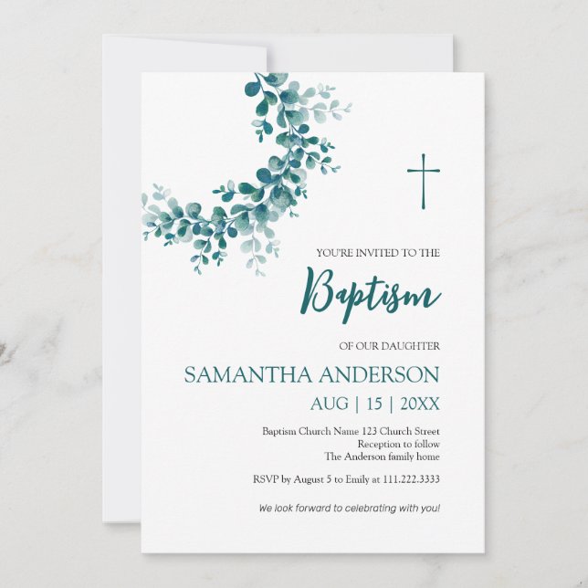 Invitación Baptismo Christening Eucalyptus Greeneration (Anverso)
